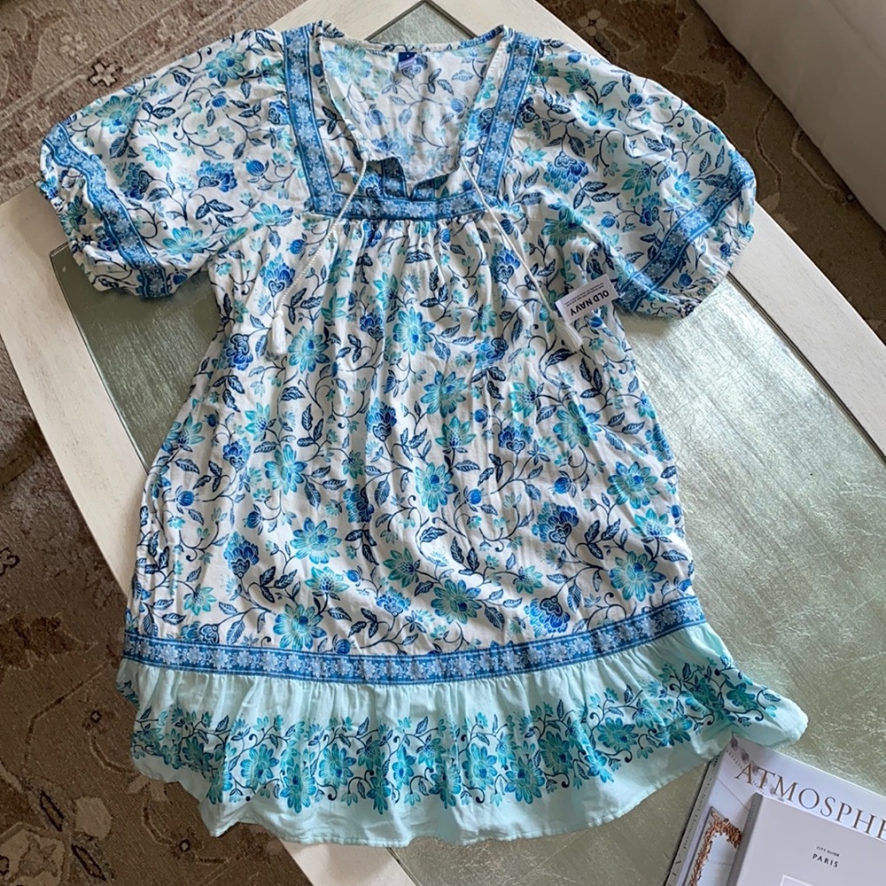 Old Navy Puff Sleeve tiered mini dress. Blue Floral. Size Small.